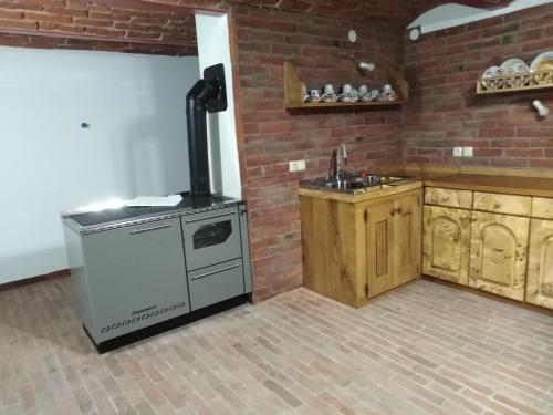 a kitchen with a stove and a brick wall at Umjetnička etno kuća Luka in Podravske Sesvete