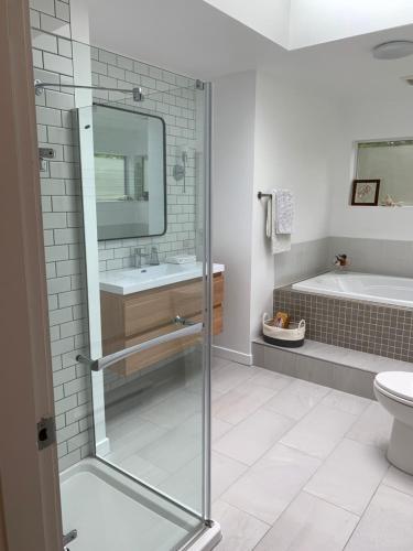 a bathroom with a shower and a sink and a toilet at Forest by the Sea Rentals in Merville