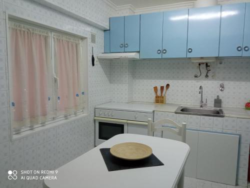 a kitchen with blue cabinets and a plate on a counter at Guimar in Avilés