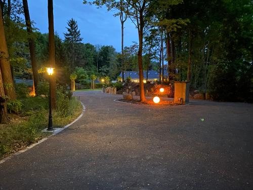 a walkway with lights in a park at night at Ferienhäuser Zinke in Krauschwitz
