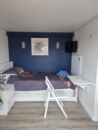 een slaapkamer met een bed met een blauwe muur bij Lovely private studio room with own kitchen and bathroom. Set in the popular area of Shiphay in Torquay and only a short walk from Torbay Hospital in Torquay