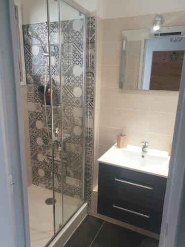 a bathroom with a shower and a sink at Magnifique studio, centre, parking privée,terrasse in Le Monêtier-les-Bains