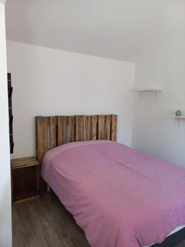 um quarto com uma cama com um cobertor roxo em COQUETTE MAISONNETTE em Bourges