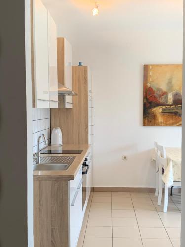 een keuken met een spoelbak en een aanrechtblad bij Apartments Parać in Petrcane