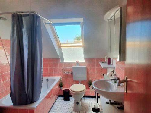 baño con lavabo y aseo y ventana en Albblick en Bad Herrenalb