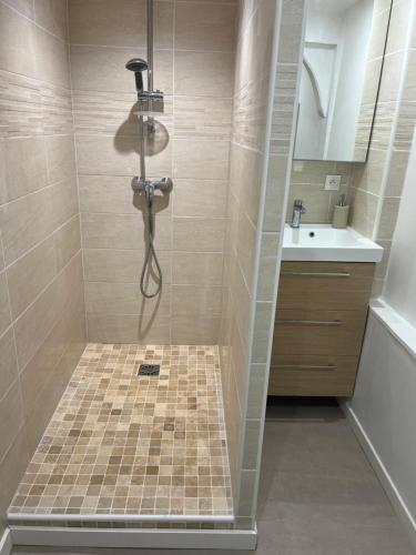 une salle de bain avec douche et lavabo dans l'établissement Le 8, à Honfleur