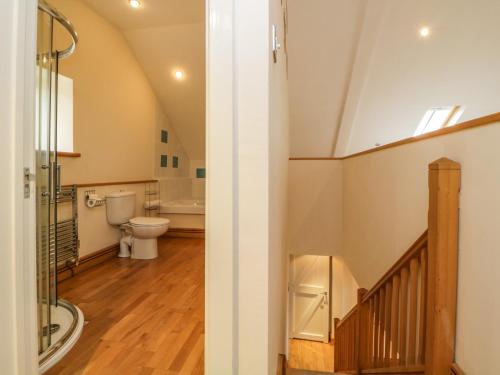 a bathroom with a toilet and a staircase at Meader Barn in Marytavy