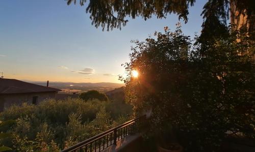 una puesta de sol con el sol brillando a través de un árbol en Assisi Garden Suite, en Asís