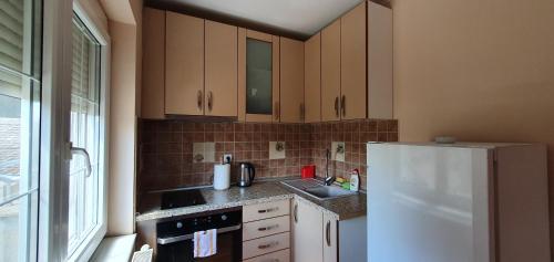 a kitchen with a white refrigerator and a sink at Julija 2 in Pančevo