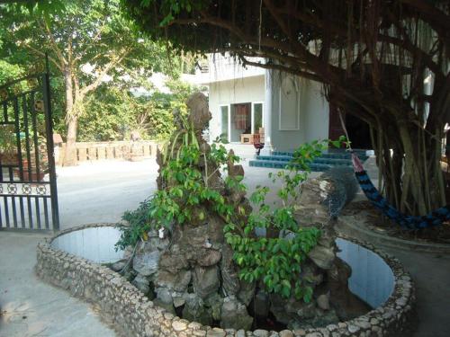 a small tree in a rock garden in front of a house at NHÀ NGHỈ THUỲ NHUNG 1 in Phu Quoc