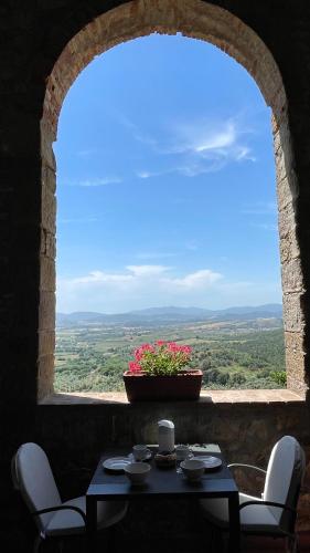 a table with a pot of flowers in a window at Tenuta di Montemassi Fattoria in Montemassi