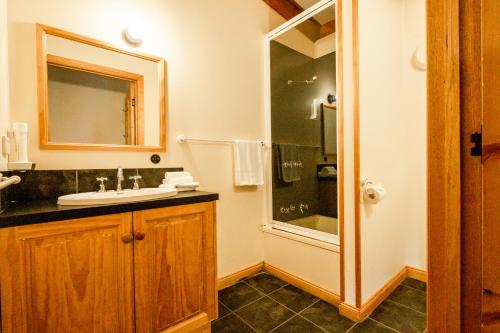 a bathroom with a sink and a shower at Freycinet Cottage 2 – Dolerite in Coles Bay