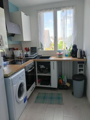 une cuisine avec un évier et une machine à laver dans l'établissement Superbe appartement de 41m2 en résidence privé, à Fleury-les-Aubrais
