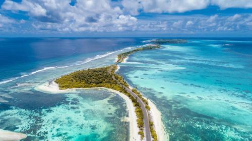 an aerial view of a island in the ocean at Fiyala Homestay in Feydhoo