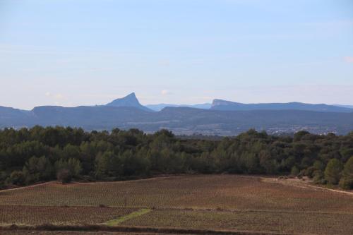 a view of a field with mountains in the background at Un séjour entre Nîmes et Montpellier in Souvignargues