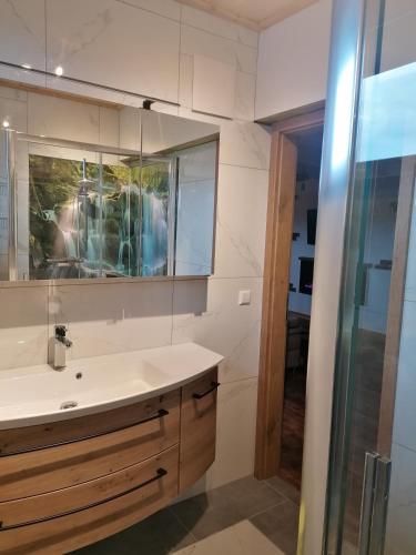 a bathroom with a sink and a shower at Greenheart Aussee in Obersdorf