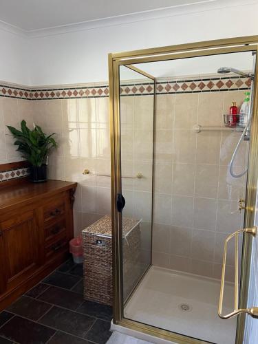 a shower with a glass door in a bathroom at Bicheno getaway for two in Bicheno