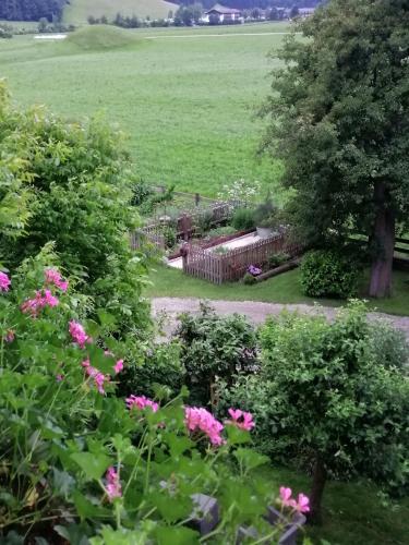 a garden with pink flowers and trees and a field at Freundsheimhof in Kramsach