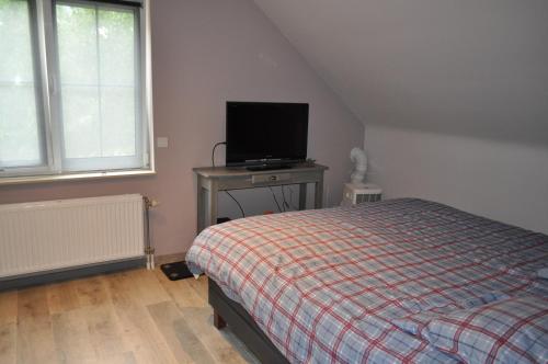 1 dormitorio con 1 cama y TV de pantalla plana en Bon séjour, en Theux