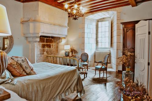 a bedroom with a bed and a fireplace at Château de Crazannes in Crazannes