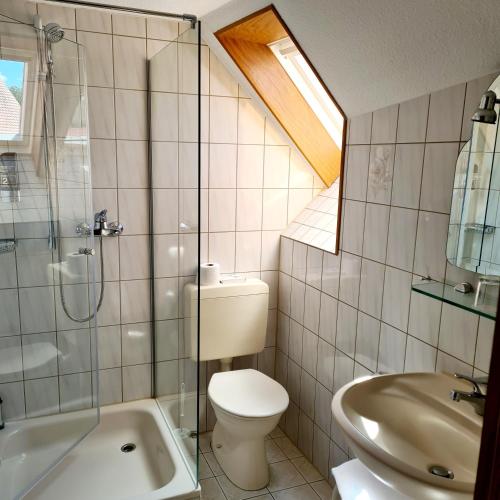 a bathroom with a toilet and a shower and a sink at Gasthaus Schöllmann in Feuchtwangen