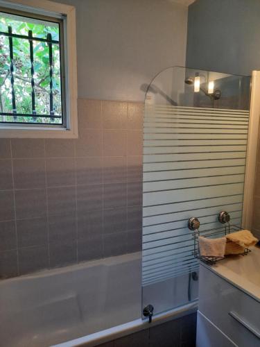 baño con ducha y ventana en Le Petit Chalet du Hérisson- Panorama unique !, en Montespan