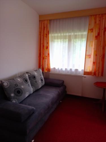a living room with a couch and a window at Landhaus Wieser in Ramsau am Dachstein
