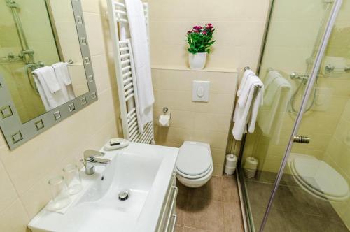 a bathroom with a toilet, sink, and mirror at Anabelle Bed and Breakfast in Budapest
