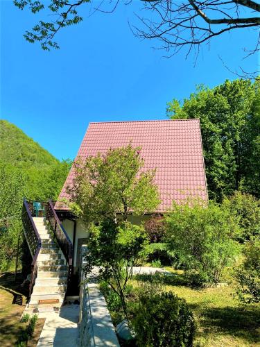 a house with a red roof and stairs to it at Kuća Homer in Mala Lešnica