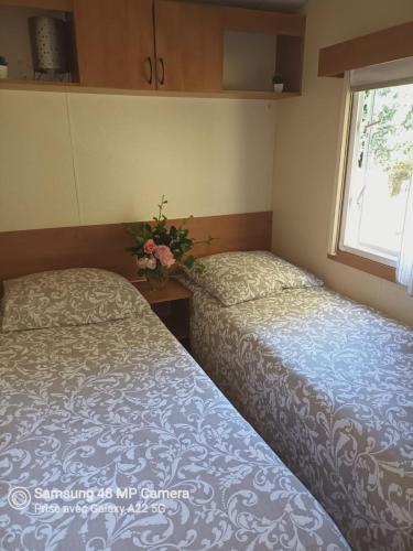 deux lits dans une petite pièce avec une fenêtre dans l'établissement La Zénitude petit coin de détente proche de Sarlat, à Berbiguières