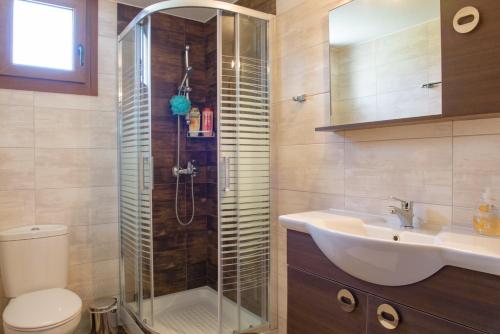 y baño con ducha, lavabo y aseo. en Villa Ilyos, en Ierissos