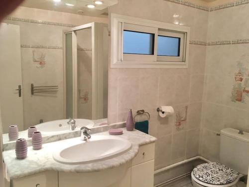 łazienka z umywalką, wanną i toaletą w obiekcie Agréable maison au cœur du village w Argelès-sur-Mer
