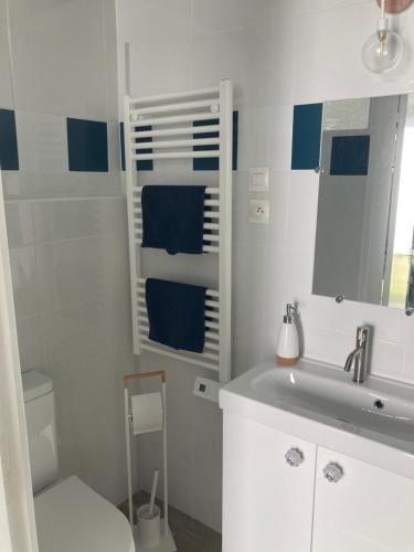 a white bathroom with a sink and a toilet at Studio indépendant 30m2 4 pers chez l'habitant Quartier des Roses in Les Sables-d'Olonne