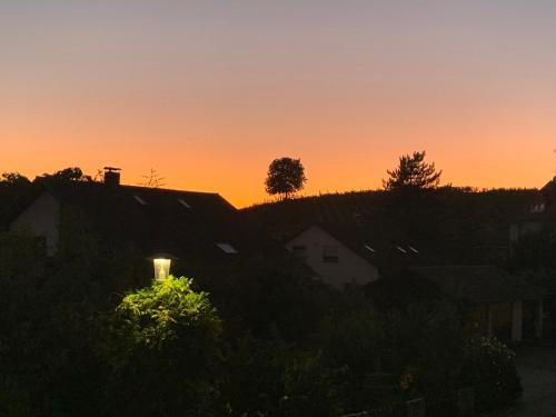 a sunset over a city with houses and trees at Seebrise mit Musik und Wein in Meersburg