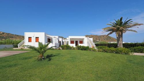 una casa blanca con una palmera y un patio en Ενοικιαζόμενα Διαμερίσματα Άρτεμις en Esciros