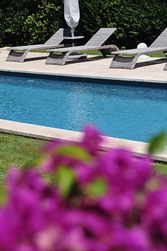 Deux piscines avec des fleurs violettes au premier plan dans l'établissement Le Jardin des Amandiers, à Châteaurenard