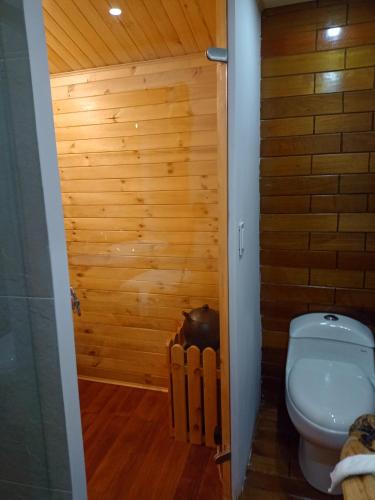 a bathroom with a toilet and a wooden wall at Cabaña en la calera el Pinar in La Calera