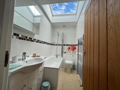 a bathroom with a sink and a toilet and a skylight at Oak Valley Lodges in Pett