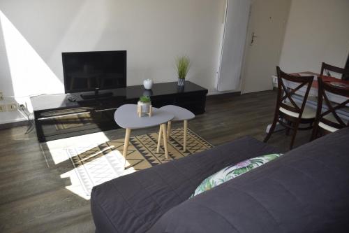 a living room with a bed and a table and a tv at Appart-alma in Saint-Laurent-sur-Sèvre
