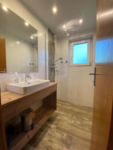a bathroom with a sink and a shower at Ferienwohnungen Ötztal in Sautens
