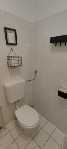 a white bathroom with a toilet and a picture on the wall at Penzion Park in Laško