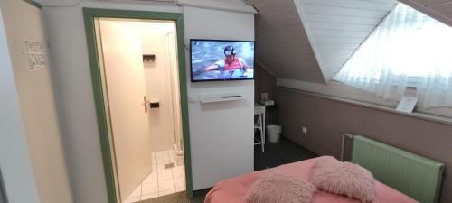a room with a television in a room with a bed at Penzion Park in Laško