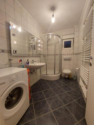 a bathroom with a washing machine and a sink at Apartments Ilidža in Sarajevo