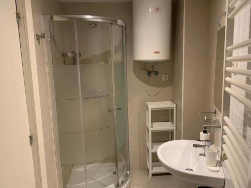 a bathroom with a glass shower and a sink at Los Seis Caños in Madrigal de la Vera