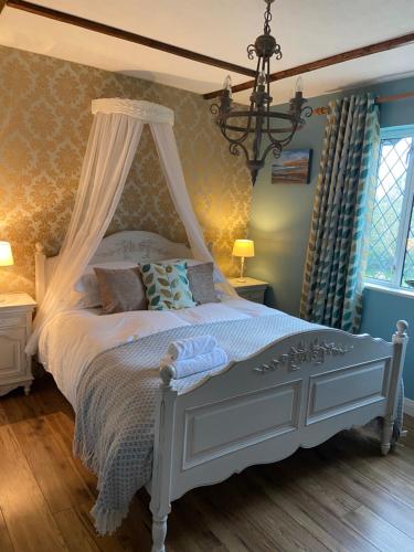a bedroom with a white bed with a canopy at Sycamore Lodge in Kilkee