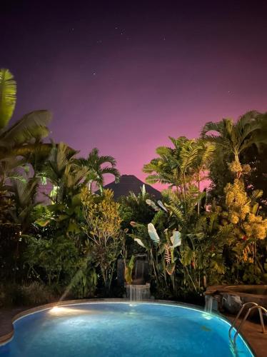 a swimming pool at night with palm trees at Hotel Vista del Cerro in Fortuna
