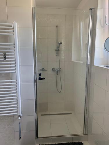 una ducha en un baño con puerta de cristal en Orchidea Apartmanház Egerszalók, en Egerszalók