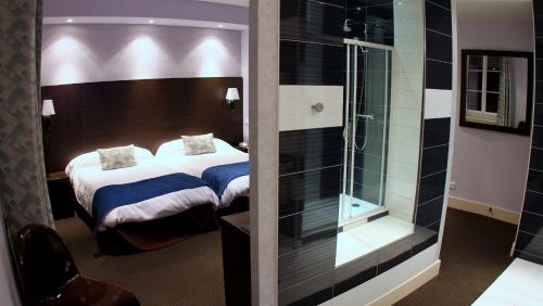 a hotel room with a bed and a shower at Hotel de la Basilique in Paray-le-Monial
