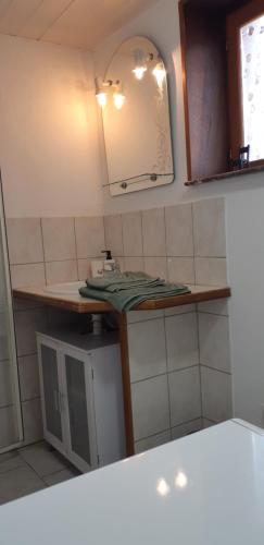 eine Küchentheke mit einem Waschbecken und einem Spiegel in der Unterkunft Gîtes des 4A in Sémeries
