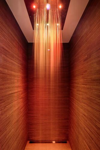 a room with a wooden wall with a chandelier at Hotel Lajadira & Spa in Cortina dʼAmpezzo